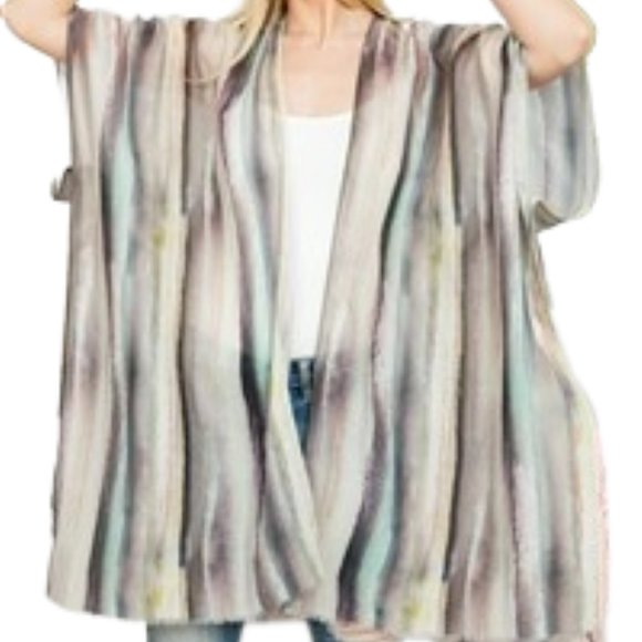 Open Front Kimono Wrap Vertical Green Striped Print Cover Up - Picture 3 of 5